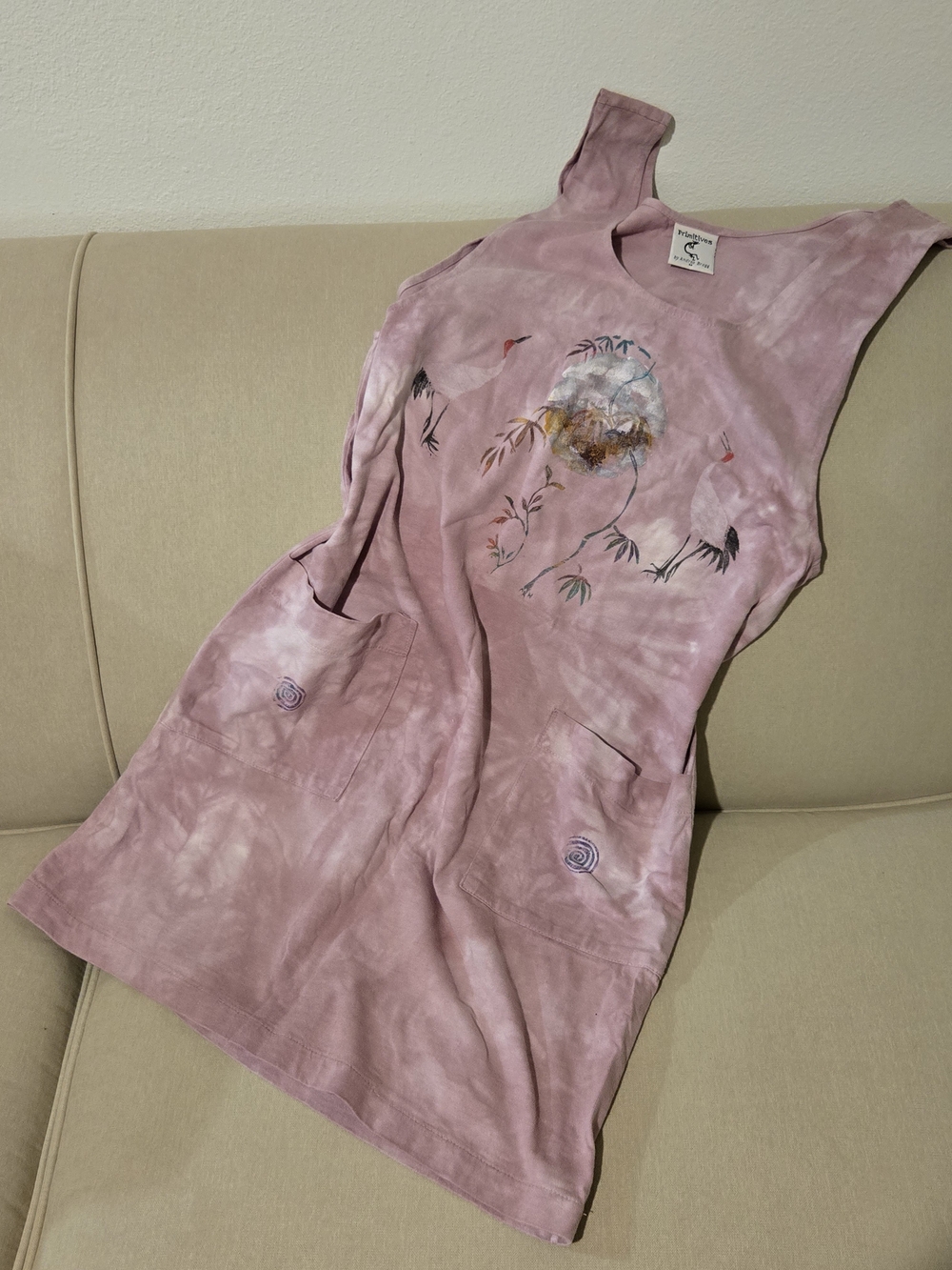 Vintage Primitives by Andrea Bragg Mauve Hand-Dyed Crane Art-to-Wear Tank Top M